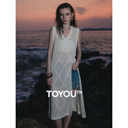 初語(yǔ)仿亞麻包芯紗背心裙女2025夏季新款鏤空開(kāi)叉度假連衣裙 米白色 L