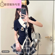 德莉婭女新款三件套學(xué)院風(fēng)穿搭假兩件上衣高腰荷葉邊裙褲甜美辣妹夏 套裝 均碼 s