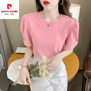 皮爾卡丹（pierre cardin）歐洲站粉色泡泡袖含棉短袖t恤女2025年夏季新款寬松潮ins時(shí)尚上衣 粉紅色 M (建議95-105斤)