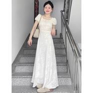 皓娥 法式茶歇白色連衣裙女提花夏季小個(gè)子溫柔仙女風(fēng)氣質(zhì)長(cháng)裙 杏色(帶內襯) M