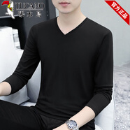啄木鳥(niǎo)V領(lǐng)男士長(cháng)袖t恤春秋季純棉潮流休閑薄款純色男裝內搭打底衫體恤男 黑色V領(lǐng)長(cháng)袖 L 【建議105-120斤】