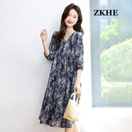 ZKHE夏裝新款V領(lǐng)碎花印花韓版清新時(shí)尚百搭連衣裙碎花裙 圖片色 4XL