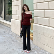 HUALIN FASHION春夏高腰顯瘦微喇褲女長(zhǎng)褲 黑色 M