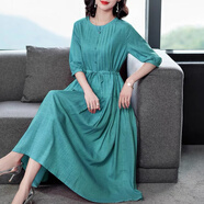羅蒙夏裝2025新款高端棉麻連衣裙女夏季薄款大碼媽媽長(cháng)裙純色亞麻裙子 孔雀藍 M 建議100-115斤