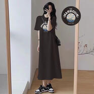 敏潮格倫孕婦連衣裙夏裝2025新款短袖t恤裙子夏季孕媽媽洋氣穿搭開(kāi)叉長(cháng)裙 碳灰色（航海白字） XL