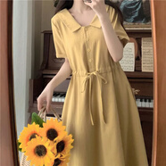 榮西圖大碼顯瘦棉麻連衣裙森女小清新 黃色 3XL