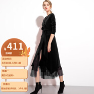 AUIV領連衣裙女裝2019春秋歐美風時尚名媛修身紅色中長款裙子 黑色 S