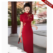 恒源祥喜婆婆婚宴裝醋酸旗袍裙媽m媽婚禮服高貴氣質(zhì)長(zhǎng)款連衣裙日?？纱?紅色 L