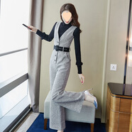 S.SOFEA洋氣毛衣闊腿褲套裝女2025新款春秋連體褲時(shí)尚兩件高腰工裝褲潮 淺灰單連體褲 M 建議100-110斤