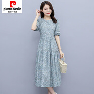 皮爾卡丹棉麻連衣裙女新款夏季韓版女裝中長(cháng)款文藝短袖碎花亞麻連衣裙 藍色 XL
