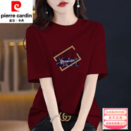 皮爾卡丹（pierre cardin）女士t恤短袖2025新款夏季薄款寬松遮肚休閑大碼百搭體恤衫 短袖【金方格】酒紅色 3XL 建議170-200斤