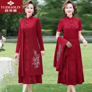 俞兆林（YUZHAOLIN）婚禮媽媽裝2025新款喜婆婆婚宴禮服春秋裝闊太太旗袍連衣裙兩件套 RL-9239 紅色【兩件套】 3XL 【建議120-135斤】