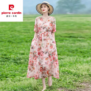 皮爾卡丹棉麻連衣裙夏季新款碎花復(fù)古大尺碼女裝寬松收腰顯瘦大擺洋氣長裙 粉紅色 L 【建議118-128斤】