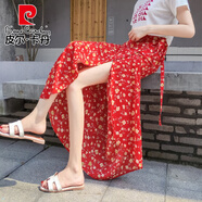 皮爾卡丹（pierre cardin）波西米亞沙灘裙女夏季裹裙2025新款系帶度假圍裙一片式綁帶半身裙 紅色小黃花 6656# L 建議110-120斤