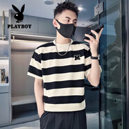 花花公子（PLAYBOY）黑白粗條紋T恤男復(fù)古短袖體恤2025新款圓領(lǐng)半截袖痞帥夏季ins半袖 黑色【高質(zhì)量】 S 【80-90斤】