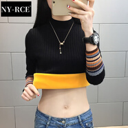 NY-RCE半高領(lǐng)加絨毛衣打底衫女新款秋冬女士加厚保暖修身內(nèi)搭針織衫 黑色(彩色袖) 加絨 S