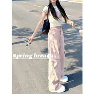 南糖三色大碼粉色牛仔工裝褲女夏季甜辣高腰直筒寬松闊腿拖地褲長(cháng)褲子ins 粉色版+腰帶 XL 【建議120-135斤】