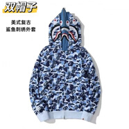安初夏春秋新款猿人鯊魚外套男刺繡字母雙帽鯊魚衛(wèi)衣學生情侶開衫衣服潮 W28淺藍色【個性雙帽設計】 XL 建議115-130斤