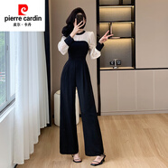 皮爾卡丹（pierre cardin）法式感黑色連體褲2025新款女裝氣質(zhì)名媛西裝闊腿連身褲套裝夏 長 袖黑白連體褲 2XL