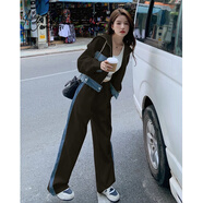 宏資琦休閑褲女裝2025春秋新款減齡開衫衣服時(shí)尚拼接牛仔休閑運(yùn)動(dòng)套裝女 黑色 M