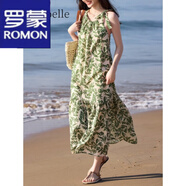 羅蒙（ROMON）法式夏日海邊度假無(wú)袖連衣裙女裝2024夏季新款清爽碎花吊帶長(zhǎng)裙子 綠色 S