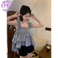 EPET2025新款法式復(fù)古洋氣格子背心吊帶夏季荷葉邊內(nèi)搭外穿不規(guī)則上衣 黑色格子 L 100-110斤