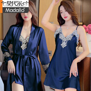 莫代爾品牌冰絲睡衣女夏性感吊帶短袖兩件套睡裙春秋薄款睡袍家居服套裝 SYG-2053花邊兩件套藏青色 M