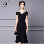 Co.高檔連衣裙女士2025新款夏季露肩禮服長(cháng)袖釘鉆中長(cháng)款修身魚(yú)尾裙 黑色 L