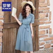 羅蒙（ROMON）茶系穿搭連衣裙高端精致西裝領(lǐng)藍色雪紡襯衫連衣裙子2025新款女夏 天藍色 L 建議100--110斤左右