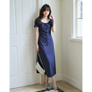 mt【美式學(xué)院】夏季簡(jiǎn)約大U領(lǐng)系帶舒彈棉氨短袖A字中長(cháng)款女連衣裙