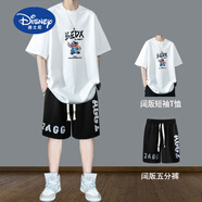 迪士尼（Disney）純棉青少年夏季寬松套裝男生短袖T恤新款大高中學(xué)生潮流休閑運動 兩件套【T216白色+大字母短褲】 170 M 適合95-115斤