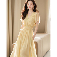 墨媛（MOYUAN）2025年春天夏季最新款女士裝法式連衣裙小個(gè)子輕奢高級感氣質(zhì)衣服 黃色連衣裙 M 98-108斤