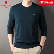 夢特嬌（MONTAGUT）法國圓領(lǐng)長袖T恤男士新款春秋中年休閑打底衫純色上衣 哈青色 M 165