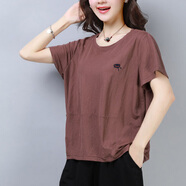 鳳倪中年婦女穿的高檔上衣女士短袖夏季新款韓版大號碼寬松t恤裝闊太 咖啡色 M