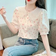 菲尼東爵2025新款夏碎花泡泡袖雪紡短袖襯衫女娃娃領(lǐng)設(shè)計(jì)感小眾短袖上衣女 11紅色花 2XL 建議120-135斤