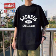 GTYUWVG純棉短袖T恤男寬松百搭美式復(fù)古港風(fēng)情侶半袖夏季打底體恤衫 黑色(SAD1988) 重磅精梳純棉 3XL (160-180斤)