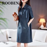 ROOBEN奢侈高端品牌高檔熱銷牛仔連衣裙女夏季新款休閑洋氣百搭裙子 牛仔藍(lán) L 約適合體重119-132斤