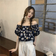 寧蔚（NINGWEI）2025夏新款一字肩上衣女裝寬松碎花洋氣領短袖雪紡衫YDK 2657碎花藏青色 M