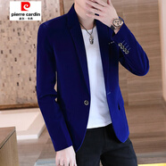皮爾卡丹（pierre cardin）西裝男韓版潮流修身春秋季新款單西服男裝格子小西服休閑男士外套 6018寶藍絲絨 5XL 170-185斤