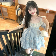 詩丹蕊藍色方領蕾絲邊連衣裙夏季2025設計感重工碎花蓬蓬裙女孩度假短裙 藍色短連衣裙 均碼 【可備注碼數(shù)】