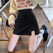 FHHUABD加厚毛呢半身裙女秋冬2024新款高腰顯瘦褶皺包臀短裙a字開叉裙褲 黑色 S