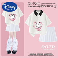 迪士尼（Disney）女童夏季Polo衫套裝中大童洋氣卡通線(xiàn)條小狗印花t恤百褶裙兩件套 白色Polo衫+白色短裙 170 cm