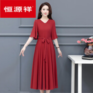恒源祥新品夏季連衣裙短袖V領(lǐng)雪紡大擺裙優(yōu)雅修身腰帶裙子廣場(chǎng)舞過(guò)膝裙 紅色 L 100-115斤