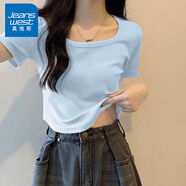 真維斯（JEANSWEST）t恤女士夏季2025新款方領(lǐng)短款緊身短袖女裝休閑時(shí)尚甜妹半袖上衣 天藍(lán) 純色 M 【螺紋下擺】