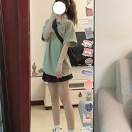 BMOI少女學(xué)院風(fēng)休閑運動(dòng)服套裝女夏季短袖百褶裙小清新可愛(ài)OOTD兩件套 綠色上衣+黑色短裙【兩件套】 L 【建議111-125斤】