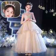 天啟世紀女童晚禮服輕奢小眾高端夏兒童主持人鋼琴演奏禮服花童婚禮公主裙 無(wú)袖長(cháng)款+金色水滴皇冠 150 (標準尺碼/勿貪大)
