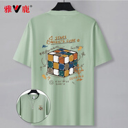 雅鹿美式純棉短袖t恤男夏季圓領(lǐng)半截袖T恤衫男印花潮流寬松體恤上衣男 豆綠/數(shù)字魔方雙 XL （建議140-150斤高170-175）