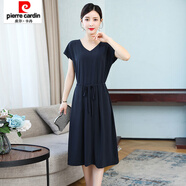 皮爾卡丹（pierre cardin）氣質(zhì)OL風收腰連衣裙中長款2021夏新款色媽媽裝系腰帶大擺A字裙 黑蘭色 2XL 建議135-150斤