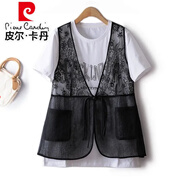 皮爾卡丹（pierre cardin）歐洲站蕾絲復古馬甲背心+短袖字母印花上衣兩件套女T恤夏季薄款 白色T M 95-110斤左右