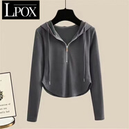 LPOX灰色短款連帽衛衣女春季2025年新款長(cháng)袖拉鏈打底衫內搭上衣女收腰 深灰色[優(yōu)質(zhì)版] L 105斤-115斤